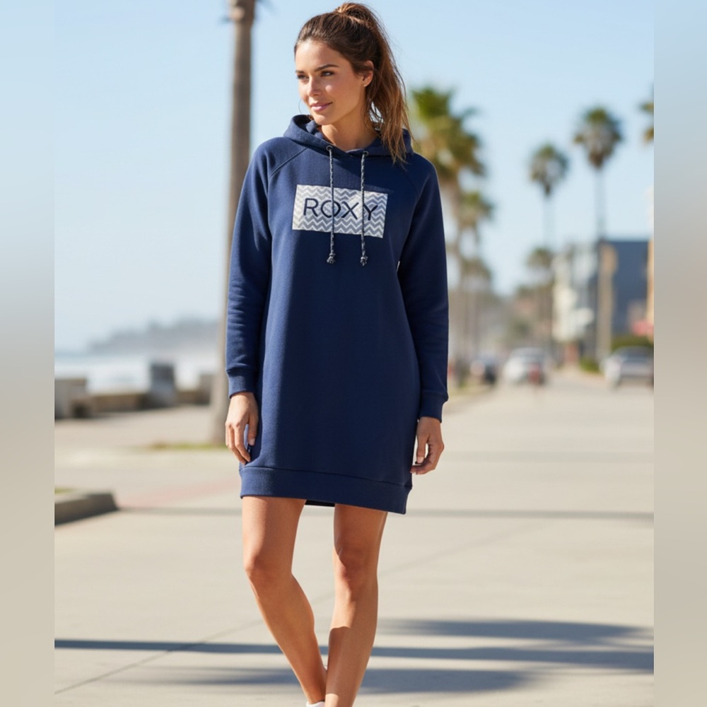 Roxy Navy Hoodie Tunic Length Dress/Hoodie, Vintage, Size Medium - Picture 9 of 10